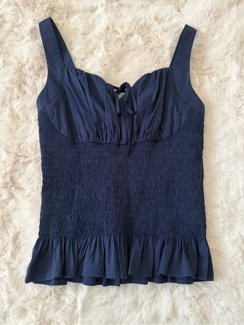 Navy Blue Smocked Ruffle Tank Top - Large
